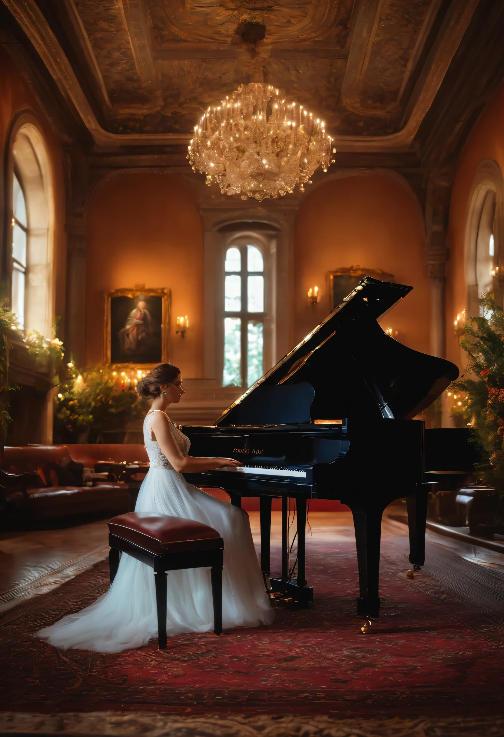 A woman plays the piano in a beautiful place, Cinematography, HDR, high quality, OC Rendering