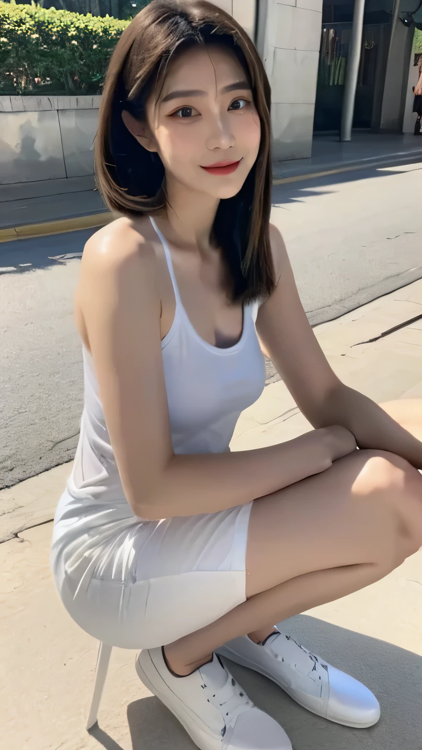 excellent quality, masterpiece,The streets of Bangkok,Street Photography,full-body shot,Wearing white T-shirt and jeans,A pair of white canvas shoes,Exquisite watch,Showing collarbone,The expression is a smile showing white teeth