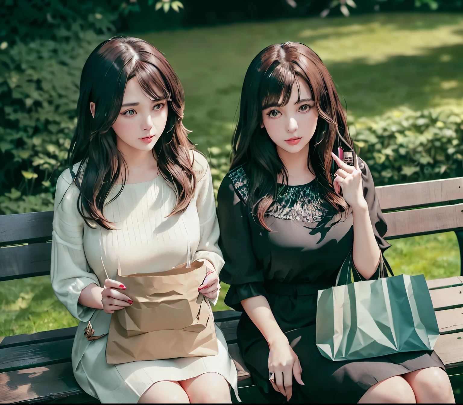 2lady, Sit on it (Bench end), (Office staff outfit) fashionable, Mature female, /(Brown hair/) Bangs, (Looking at the phone), (Masterpiece Best Quality:1.2) Exquisite illustrations with rich details, large breasts rest /(Black Hair/) Bangs, (Staring into the distance) rest ((Simple paper bag:1.2) Sitting in the middle of the bench) rest (Ordinary city park) outdoor, (green landscape), noon, Detailed background