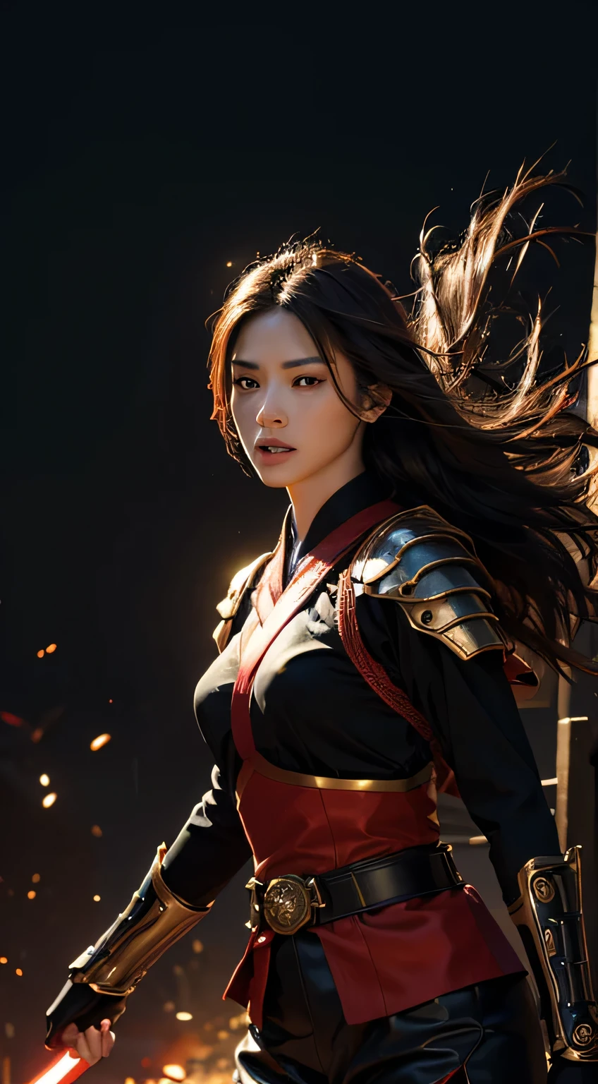 8K,Photorealsitic Raw photography top-quality;1.4) (hermosa mujer) Super handsome (Lifelike face) Boy with Japan sword on his waist Black and red samurai armor Black and red trousers(Golden decoration),masked, Glowing red eyes glaring at you 超A high resolution A hyper-realistic real looking skin enticing Beautiful expression Demon Hunters of Beast City combat scene, attack mode Iai Slash Intense red aura from the body(Red effect)