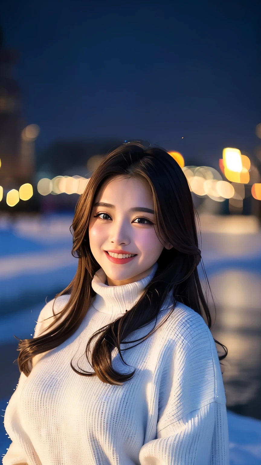 (highest quality、masterpiece、8k、Best image quality、Hyperrealism、Award-winning works)、1 girl、(Made from thick Melton fabric、A perfect and elegant open coat:1.4)、The perfect pink turtleneck knit sweater、Soft indirect lighting、Soft and delicate light、Dramatic lighting effects、(Huge breasts:1.2)、Attractive body、Accentuate your body lines、Romantic snowy night city、Romantic Christmas illuminations、Beautiful night view of the snowy city、The biggest smile looks at me、Sparkling, high-quality snow、Beautiful snow reflecting light、Diamond dust、(Tyndall effect:1.1)、Beautiful snowy scenery、(that&#39;it&#39;s snowing:1.1)、(Snow in the hair:1.1)、Accurate anatomy、(Face close-up:1.1)、Beautiful glossy lipstick, Natural Color、Natural Makeup、Glossy Lips、Ultra HD glossy skin、ultra high definition radiation, Beautiful Skin、Moist and Beautiful Skin、Beautiful Skin glow、超高精細のGlossy Lips、Ultra-high definition sparkling eyes、(Beautiful perfect teeth in super high resolution:1.1)、Please smile widely and show your beautiful teeth.、(perfect beautiful teeth:1.1)