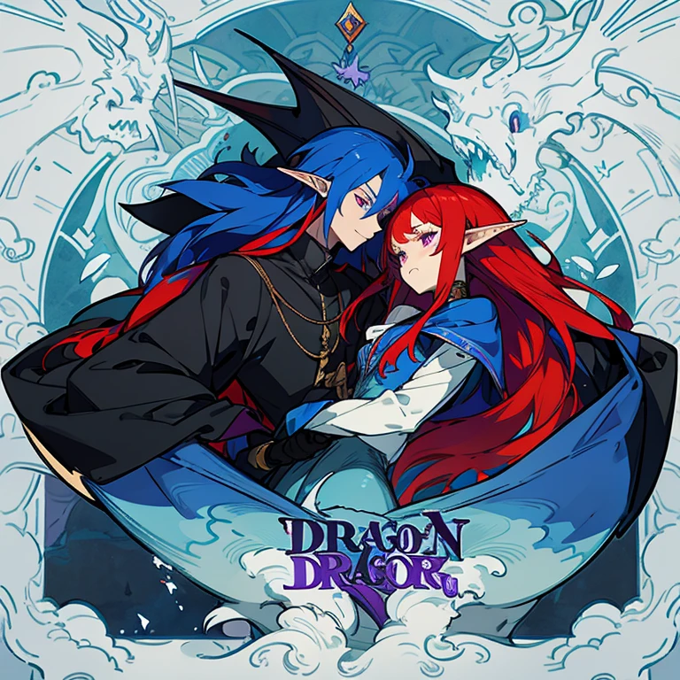 2 men who are in love, a dragon with a humanoid shape with black and blue, and an elf with long red hair and purple eyes. 