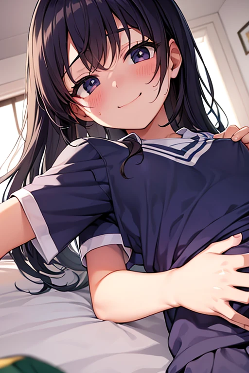 Wearing a soccer uniform with an embroidered logo、Cute junior high school girl with small breasts、Sweaty and looking happy、Lying on your back on the bed、Low - Angle、The uniform has an embroidered logo、indoor、Very protruding nipples、Pulling on clothes、The action of grabbing the chest area of one's clothes