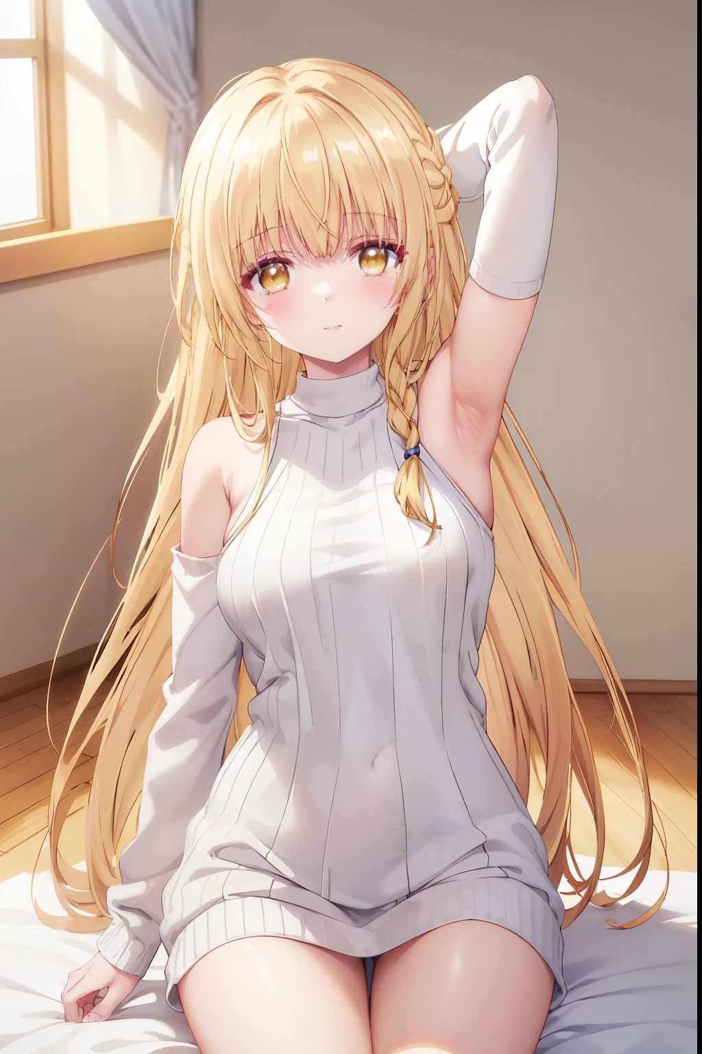 Mahiru shiina, , blonde, (Yellow Eyes:1.3)、Braided long hair,,blush,smile,Daytime、Captivating thighs、Beautiful bare legs, Sidehowing armpits、Shoulder Bare、The clavicle is visible、Armpit Show、Sideboobが見える、セクシーなknit sweater 
No sleeve 
body line 
arm pit、very cute
（masterpiece:1.2), highest quality, High resolution, unity 8k wallpaper, (shape:0.8), (Beautiful and beautiful eyes:1.6), Highly detailed face, Perfect lighting, Highly detailed CG, (Perfect hands, Perfect Anatomy),