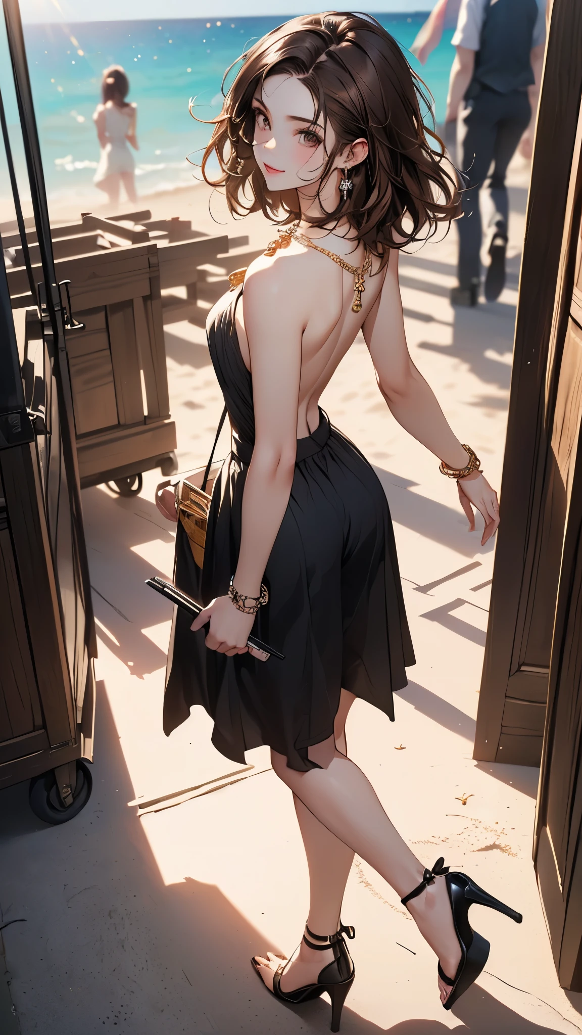 ((Biologically correct limb count))、((Full Body Shot, Full-body photo including face))、4K、masterpiece、((Focus on the face))、((Symmetrical facial features))、Eyes of meticulous depiction、Beautiful woman、Excellent style、Beautiful feet、(High heels)、Facial detailing、Small earrings、necklace、(Sleeveless、Box Pleated Cart)、Strong sunlight、Scene of walking on the beach、Brown Hair、Shortcuts、Walking posture、((Buckshot、back))、