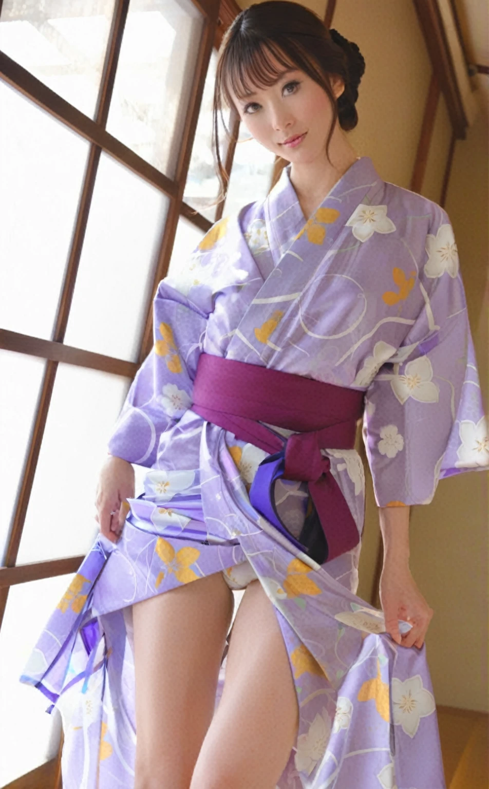 araffe in a kimono with a purple belt and a purple belt, in kimono, in a kimono, wearing kimono, kimono, wearing a kimono, pale and coloured kimono, wearing royal kimono, yukata, Japanese Model, classy yukata, 色鮮やかなyukataを着て, japanese kimono, Japanese style, Beasts, Traditional Japanese