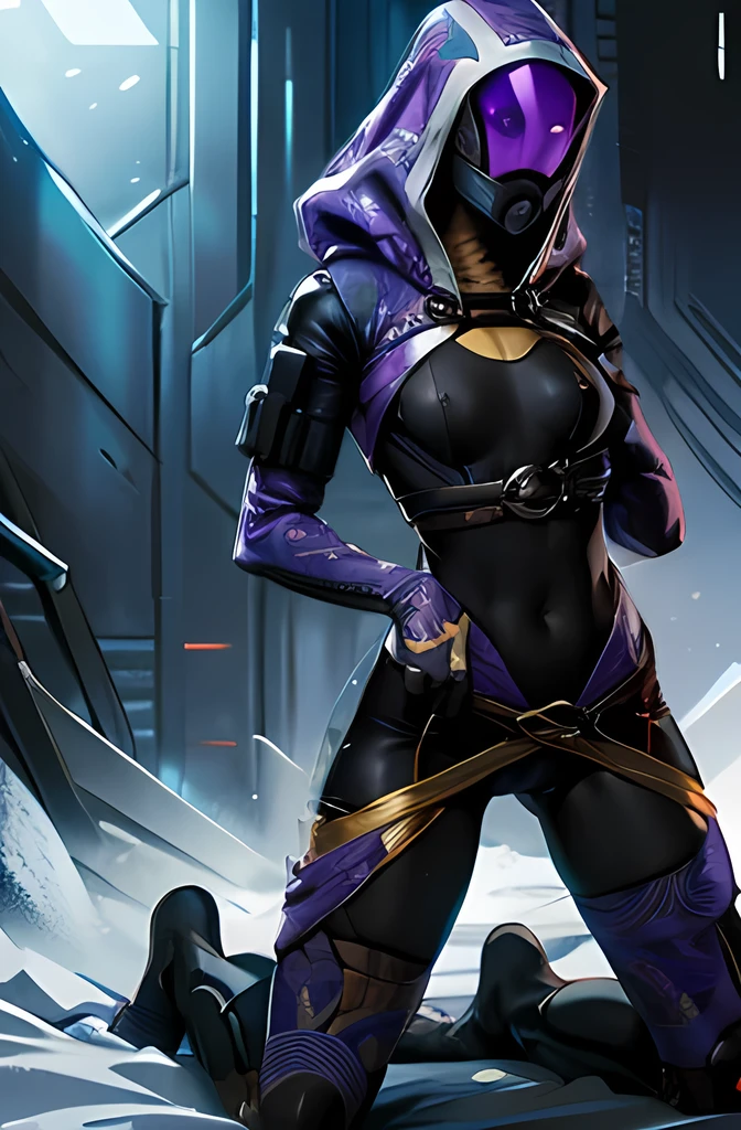 tali, 1 girl, One, hood, purple bodysuit, a mask, (helmet, faceless), hood up, stranger,  kneeling , full length , hands behind your back , light falls on the mask 