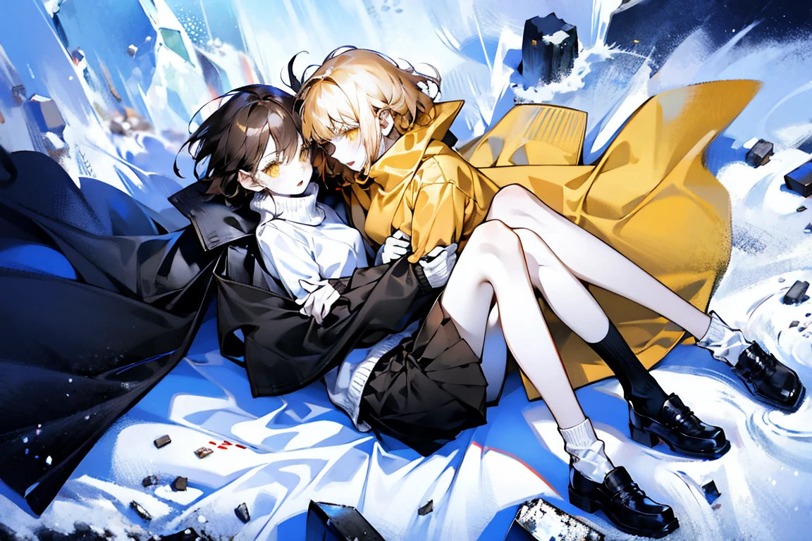 On the snow,Heavy snow,outdoor,two girls,16 years old,very beautiful,Very thin,an orange hair,a dark brown hair,wearing a coat,sweater,Short skirt,bare legs,The legs are very thin,Thin legs,thin waist,White socks,hug each other tightly:1.5,outdoor,whole body