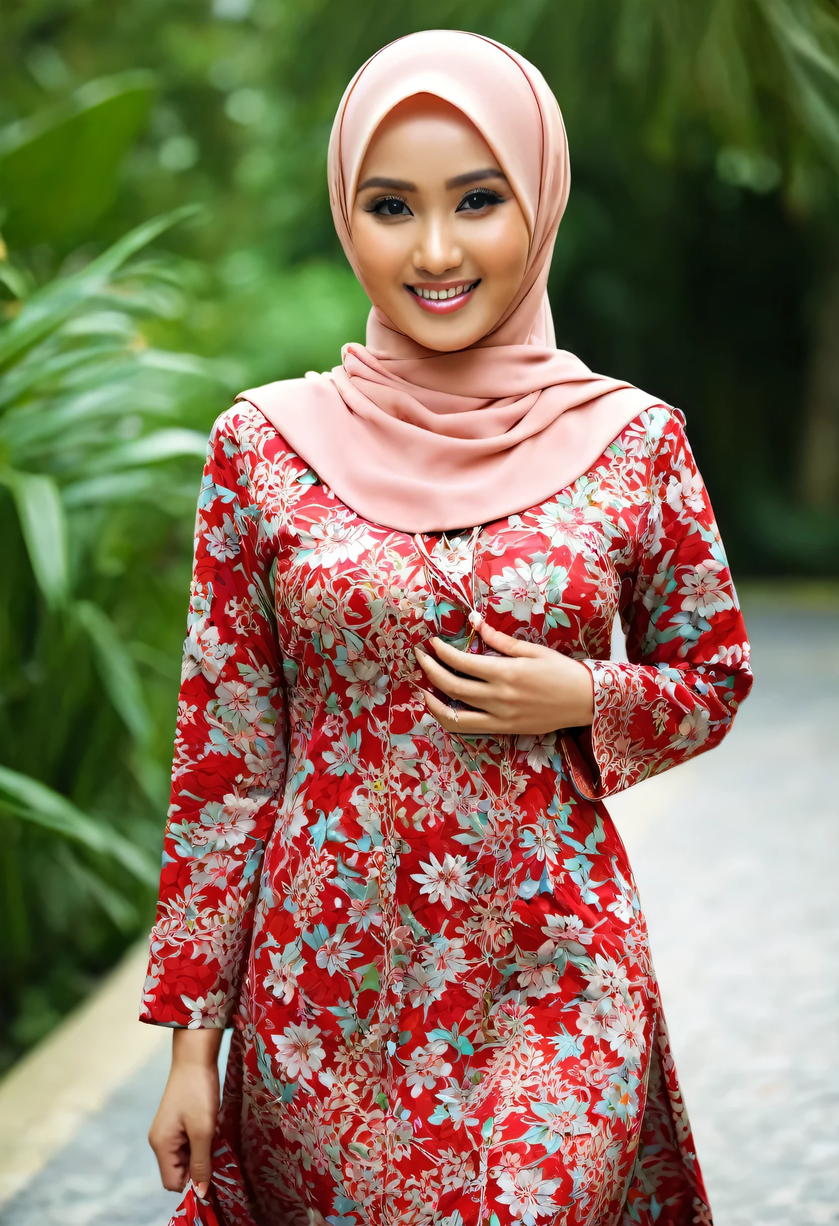 RAW, Best quality, high resolution, Masterpiece: 1.3), Beautiful Malay woman in hijab, Masterpiece, Perfect slim body, ((long Big breasts)), Beautiful big eyes, water eyes, Soft smile, ((wearing tight red pastel floral malay gamis with closed hijab)), simple diamond necklace, ((closed clothes), ((polite clothes)), windy, skin details, skin texture details, wide hips, thick thighs, sexy body, morning time, laughing, happy, bright sunlight, flower garden path, blurred background, bokeh,