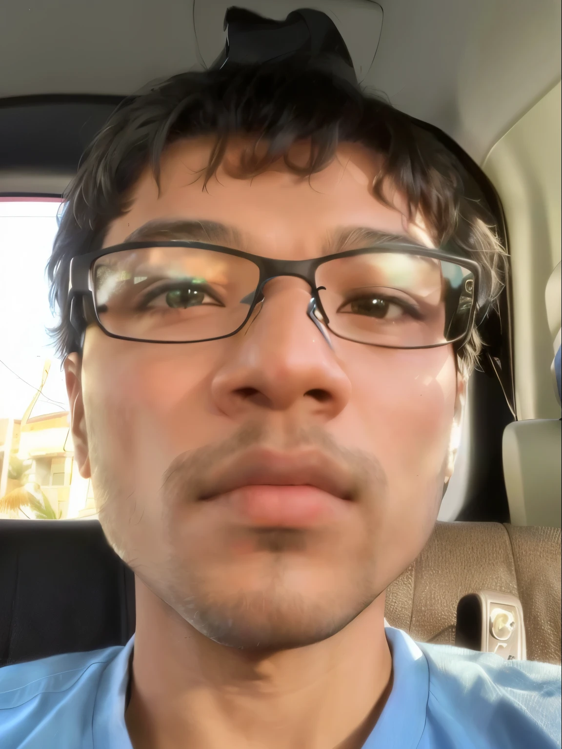 Arabian man with glasses and blue shirt sitting in a car, 27 years old, 23 years old, 28 years old, 29-year-old, 22 years old, 24-years-old, Filmed in the early 2020s, 21 years old, 8K Selfie, Andrew Thomas Fan, Look straight into the camera