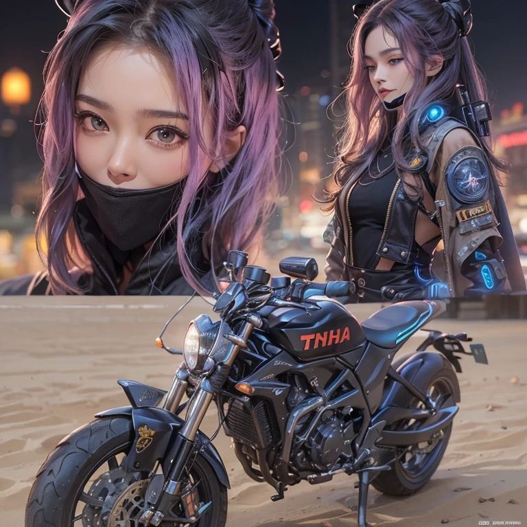 Ride a futuristic Akira bike、Hair flows、 ((highest quality、masterpiece、8k、best image quality、ultra high resolution、Award-winning work)、(accurate anatomy:1.1)、(look at me and smile:1.1)、Shining fair skin with ultra high resolution、most detailed face、ultra high resolution detailed face、ultra high resolutionの髪の毛、(ultra high resolutionの煌めく瞳:1.1)、Beautiful face drawn in every detail、(blurred background:1.1)、cyberpunk clothes, ancient Islamic costume,chest together, tattoo, desert