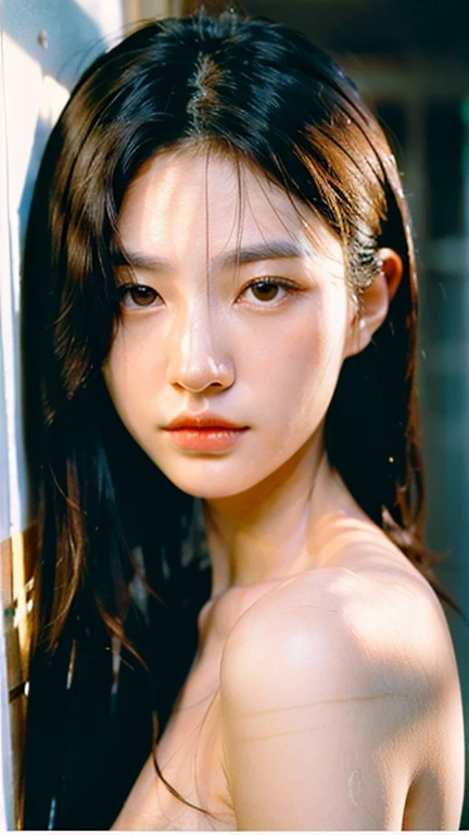 {top-quality}, {{​masterpiece}}, {extremely delicate and beautiful},Outstanding light and shadow, highly detailed wallpaper,Clear and bright sunlight,1girl in,naked portrait 、gaze looking beyond,red blush,Strong sunshine,delicate and messy hair,realistic skin textures, Pronounced pores and skin wrinkles,tropical beach,((strong light shines on the face)), half body, naked portrait, nude photography, detailed armpit, pussy pubic hair, shiny nipple 