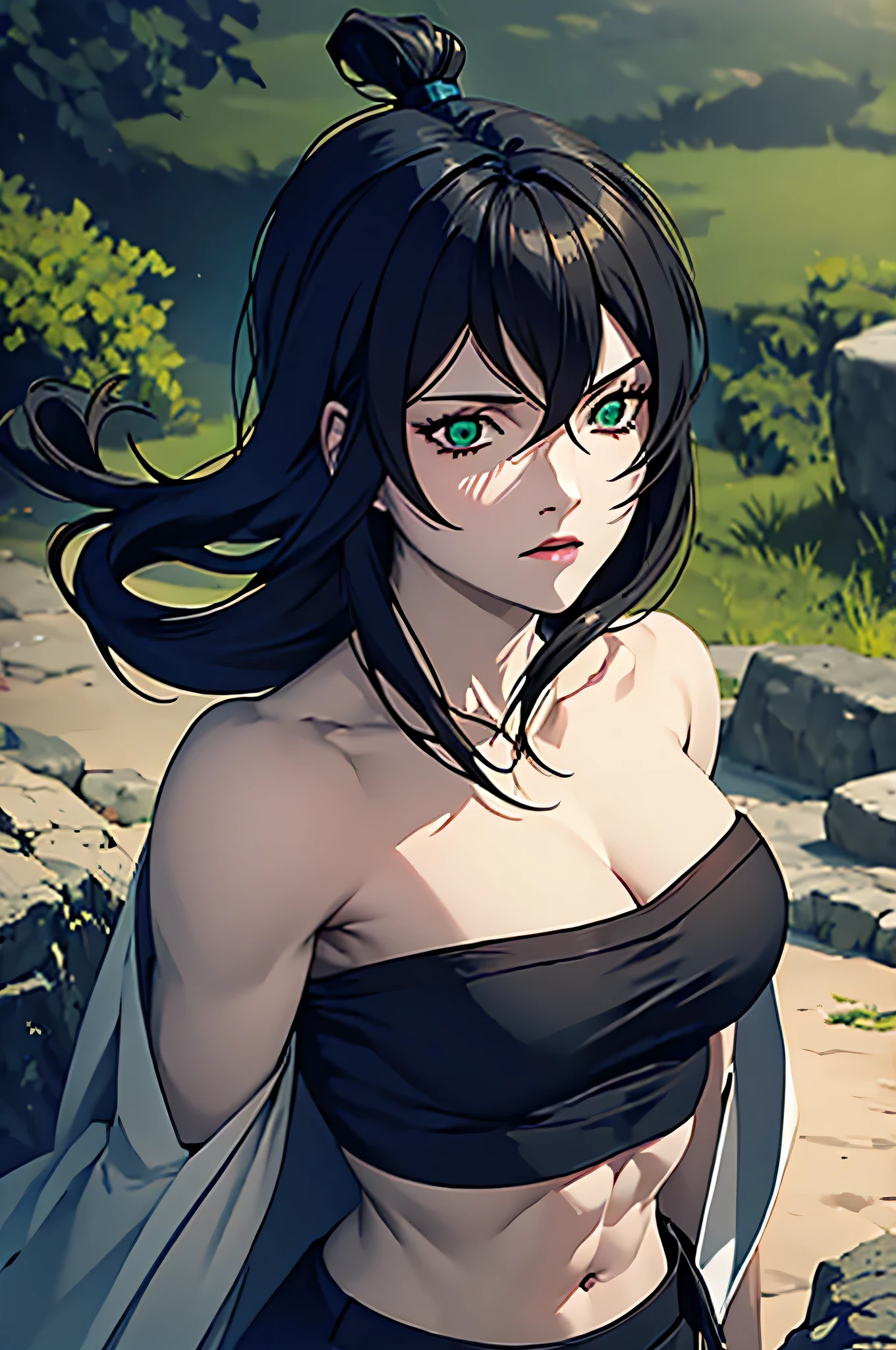 ((masterpiece, highest quality)), (solo focus), (perfect face:1.1), (high detail:1.1),dramatic, 1girl, (pale skin), Green eyes: 1.5, solo, long black hair, Hair over one eye), detailed background, Green shoulderless Kimono, earthbender, Mei from Naruto, (Abs:1.2),