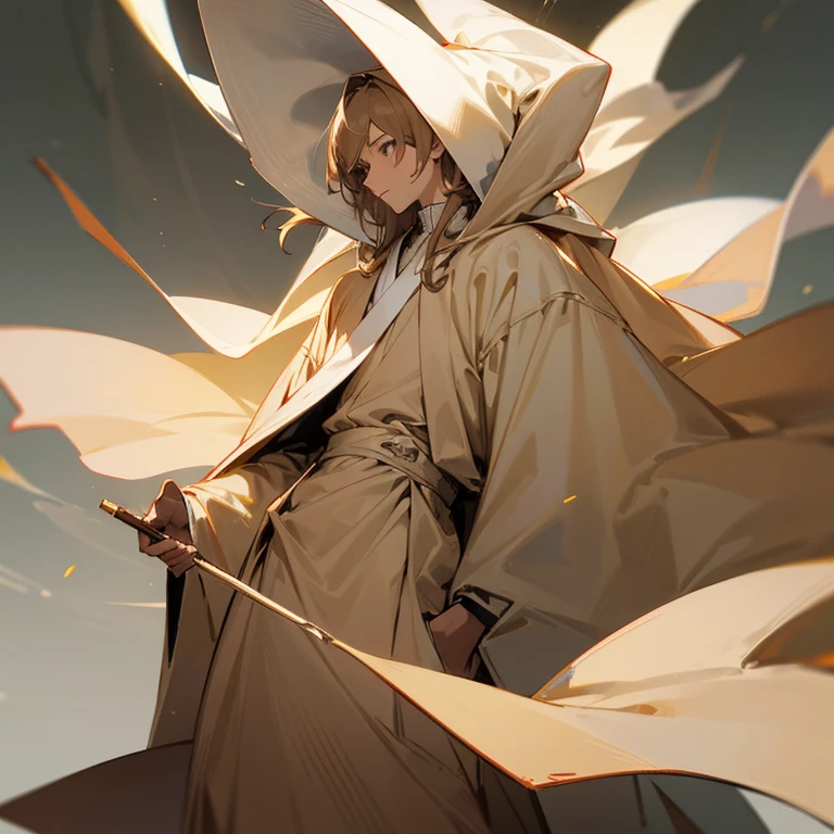 Tall young man, slim build, long loose light brown hair, light complexion, gray eyes, blind, very simple beige Jefi robes