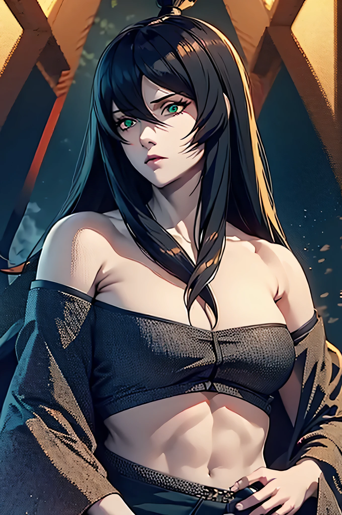 ((masterpiece, highest quality)), (solo focus), (perfect face:1.1), (high detail:1.1),dramatic, 1girl, (pale skin), Green eyes: 1.5, solo, long black hair, Hair over one eye), detailed background, Green shoulderless Kimono, earthbender, Mei from Naruto, (Abs:1.2),