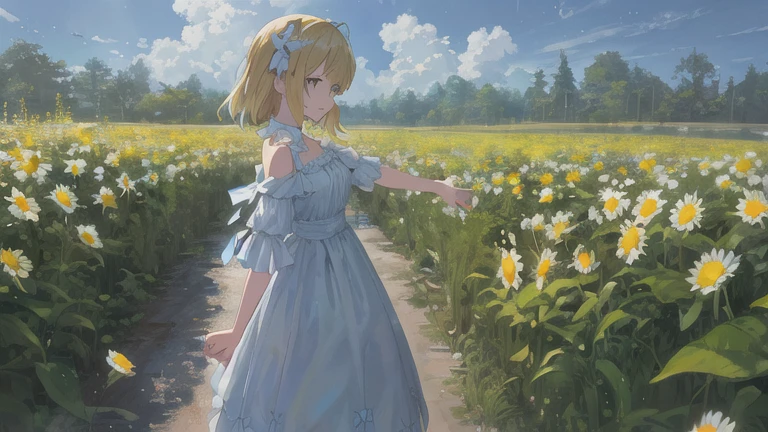 Masterpiece-grade CG, Maximum image quality and detail, Photo-level realism (1.4). (One girl), Wearing a white dress, slightly exposed shoulders, Delicate and radiant skin, smile, in the garden, Surrounded by yellow daisies, I raised my head slightly to look up at the bright sky, The painting adopts artistic thick painting style, Softer brightness, 4K HD Wallpapers, Better volumetric cloud effect.