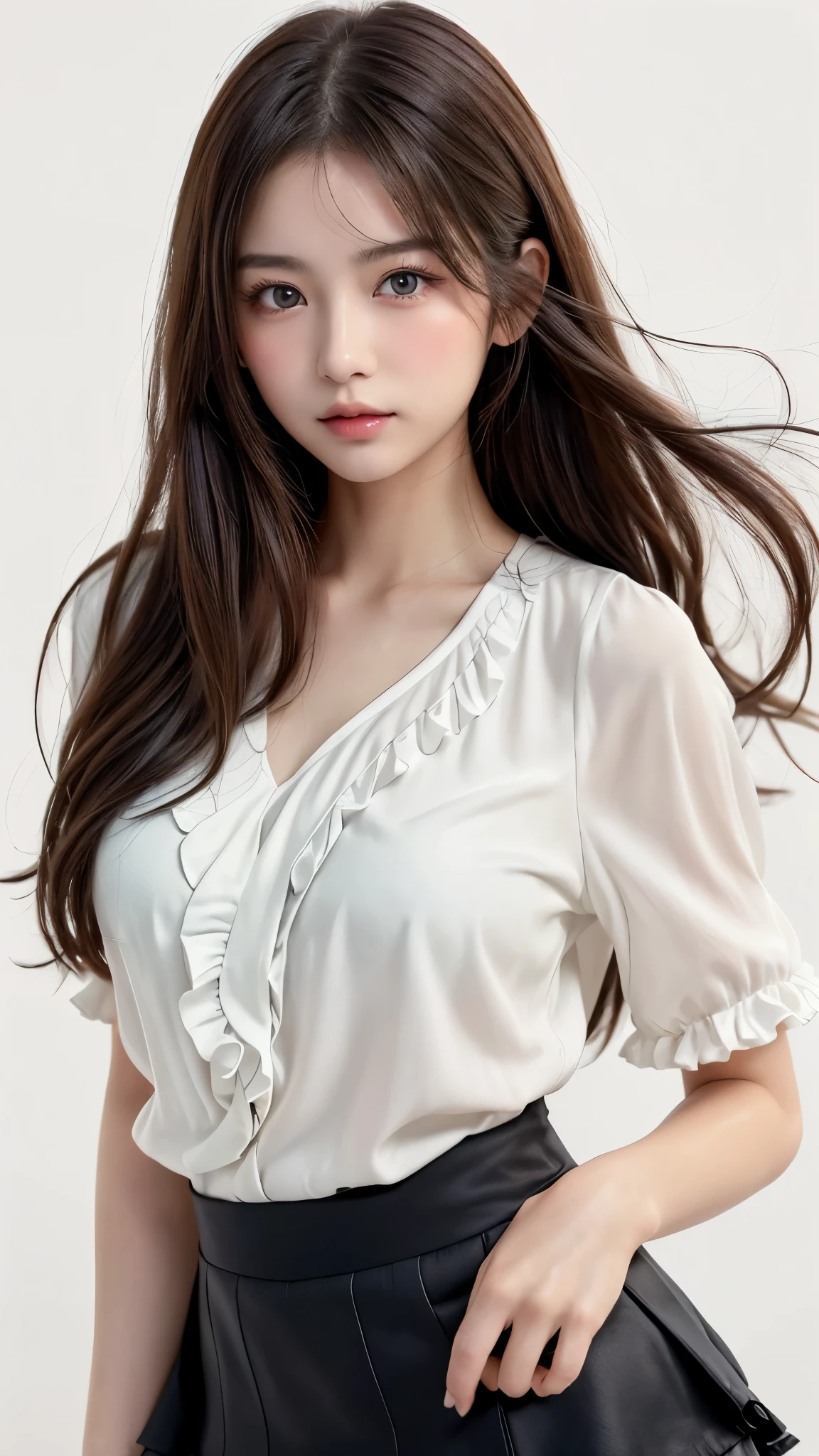 (((((Idol、Nogizaka、Sakurazaka、Hinatazaka)))))、((((Black Hair、forehead、long hair、Long Hair、腰までのLong Hair、Glowing Skin、Fair skin、Plump Lips、Straight Hair、Gray eyes、白Gal、Gal、Idol衣装、Stage Costumes、uniform、Jacket、blouse、mini skirt、race、Frills、Northern Europe、White background、シンプルなWhite background)))))))、、masutepiece, Best Quality, Photorealsitic, finely detail, hight resolution, 8K Wallpapers, Perfect dynamic composition, Beautiful detailed eyes, 18 year old、(Drooping eyes 1.4)、Adult beauty、japanes