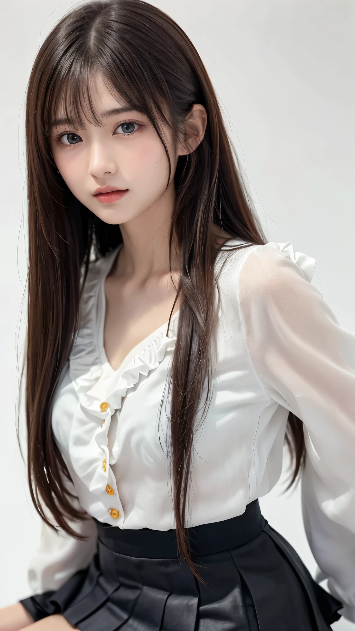 (((((Idol、Nogizaka、Sakurazaka、Hinatazaka)))))、((((Black Hair、forehead、long hair、Long Hair、腰までのLong Hair、Glowing Skin、Fair skin、Plump Lips、Straight Hair、Gray eyes、白Gal、Gal、Idol衣装、Stage Costumes、uniform、Jacket、blouse、mini skirt、race、Frills、Northern Europe、White background、シンプルなWhite background)))))))、、masutepiece, Best Quality, Photorealsitic, finely detail, hight resolution, 8K Wallpapers, Perfect dynamic composition, Beautiful detailed eyes, 18 year old、(Drooping eyes 1.4)、Adult beauty、japanes