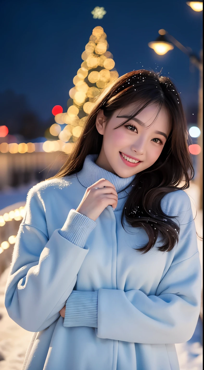 (highest quality、masterpiece、8k、Best image quality、Hyperrealism、Award-winning works)、1 girl、(Made from thick Melton fabric、A perfect and elegant open coat:1.4)、The perfect pink turtleneck knit sweater、Soft indirect lighting、Soft and delicate light、Dramatic lighting effects、(Huge breasts:1.2)、Attractive body、Accentuate your body lines、Romantic snowy night city、Romantic Christmas illuminations、Beautiful night view of the snowy city、The biggest smile looks at me、Sparkling, high-quality snow、Beautiful snow reflecting light、Diamond dust、(Tyndall effect:1.1)、Beautiful snowy scenery、(that&#39;it&#39;s snowing:1.1)、(Snow in the hair:1.1)、Accurate ???????、(Face close-up:1.1)、Beautiful glossy lipstick, Natural Color、Natural Makeup、Glossy Lips、Ultra HD glossy skin、ultra high definition radiation, Beautiful Skin、Moist and Beautiful Skin、Beautiful Skin glow、超高精細のGlossy Lips、Ultra-high definition sparkling eyes、(Beautiful perfect teeth in super high resolution:1.1)、Please smile widely and show your beautiful teeth.、(perfect beautiful teeth:1.1)