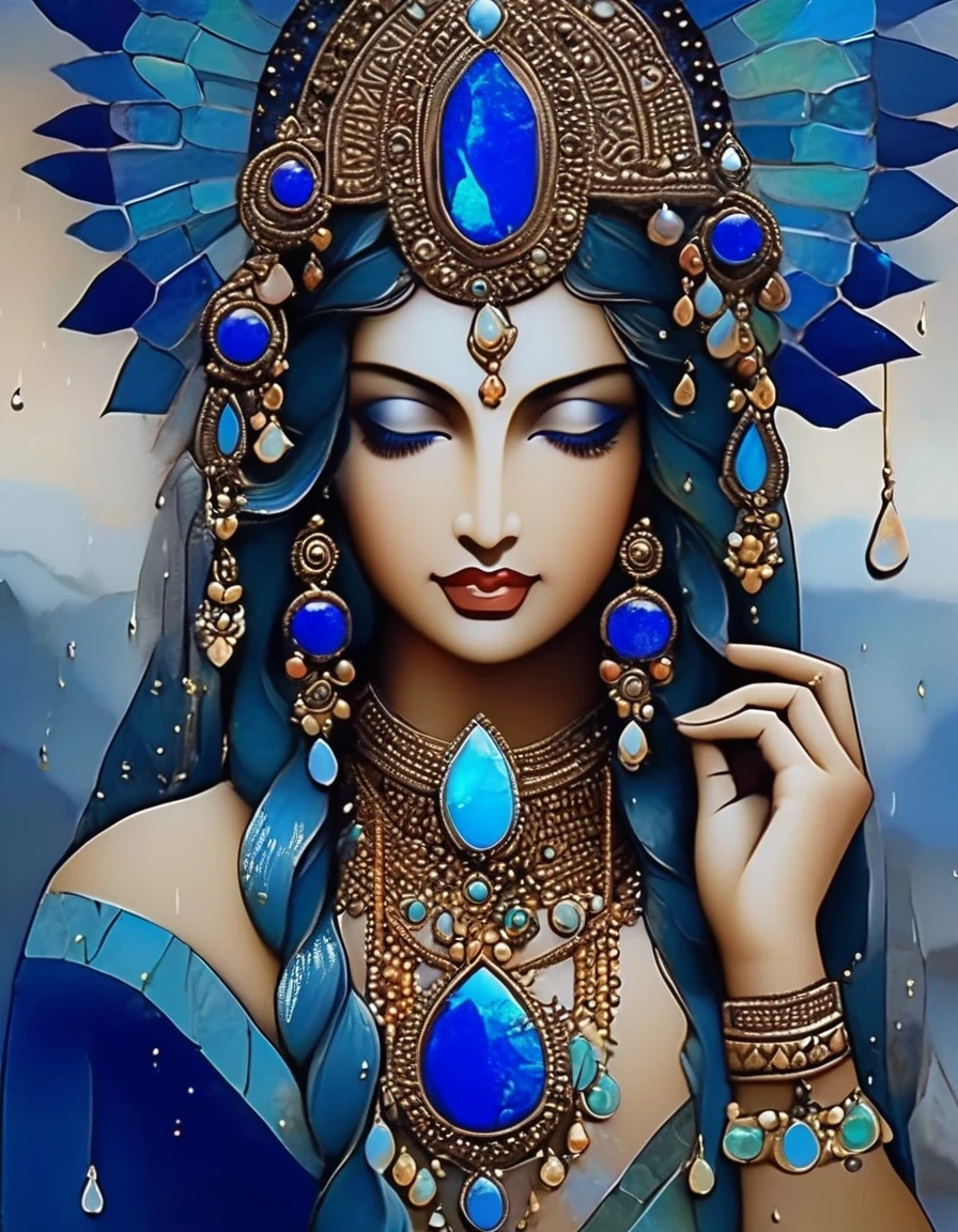 Indian Rain God Image Jewelry Design，The main stone is a huge irregular blue gradient opal，Indian elements，The matching stones are small amounts of lapis lazuli and turquoise，Clams，bead，gem