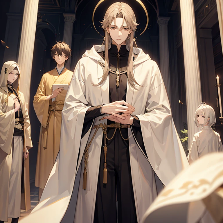 Tall young man, slim build, long loose light brown hair, light complexion, gray eyes, blind, very simple beige Jefi robes