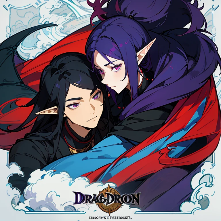 2 men who are in love, a dragon with a humanoid shape with black hair with  blue strip, and an elf with long red hair and purple eyes. THEY'RE GAY FOR EACHOTHER!!