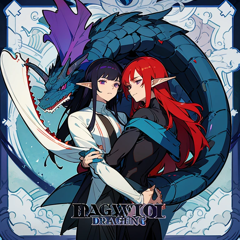 2 men who are in love, a dragon with a humanoid shape with black hair with  blue strip, and an elf with long red hair and purple eyes. THEY'RE GAY FOR EACHOTHER!!