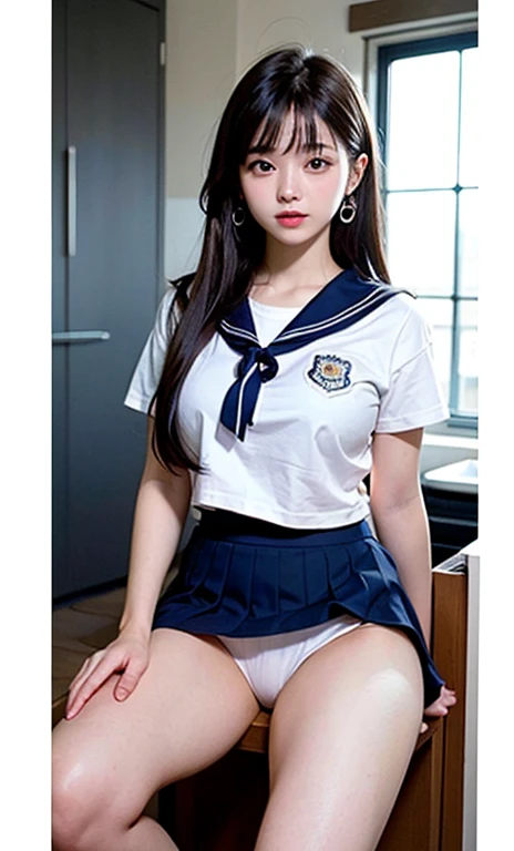 highest quality、、high school girl 、very cute、((Large Breasts))、((Cute Woman))、(Ecstasy face)、Long brown hair with bangs、Long legs、 Perfect balance、Slim woman、(Increase the resolution)、(8k)、(Very detailed)、(Beautiful big eyes)、Droopy eyes、Earrings、necklace、(highest quality)、(Very detailed)、(masterpiece)、(wallpaper)、(Detailed face)、((white short sleeve sailor uniform:1.3))、Very short white sailor suit、(Navy Pleated Mini Skirt:1.5)、((Perfect Anatomy))、Perfect limbs、Perfect Fingers、((very slim thin thighs))、(Very thin legs)、((barefoot))、(Spread your legs wide:1.3)、(Lift your legs:1.3)、(Navy Pleated Mini Skirtが捲れ上がった:1.5)、(Angle from below)、((White panties exposed:1.5))、In the toilet、
