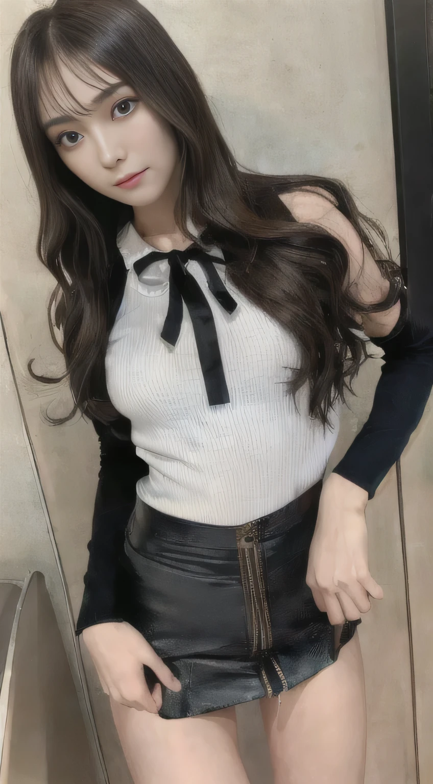 (highest quality、High resolution、masterpiece:1.3)、Tall and beautiful woman、Slim Abs、Dark brown hair styled in loose waves、Proudly、Wear underwear、、internal、Black Skirt、(Modern architecture in the background)、Exquisite expression of facial and skin texture details、Fine grain、double eyelid