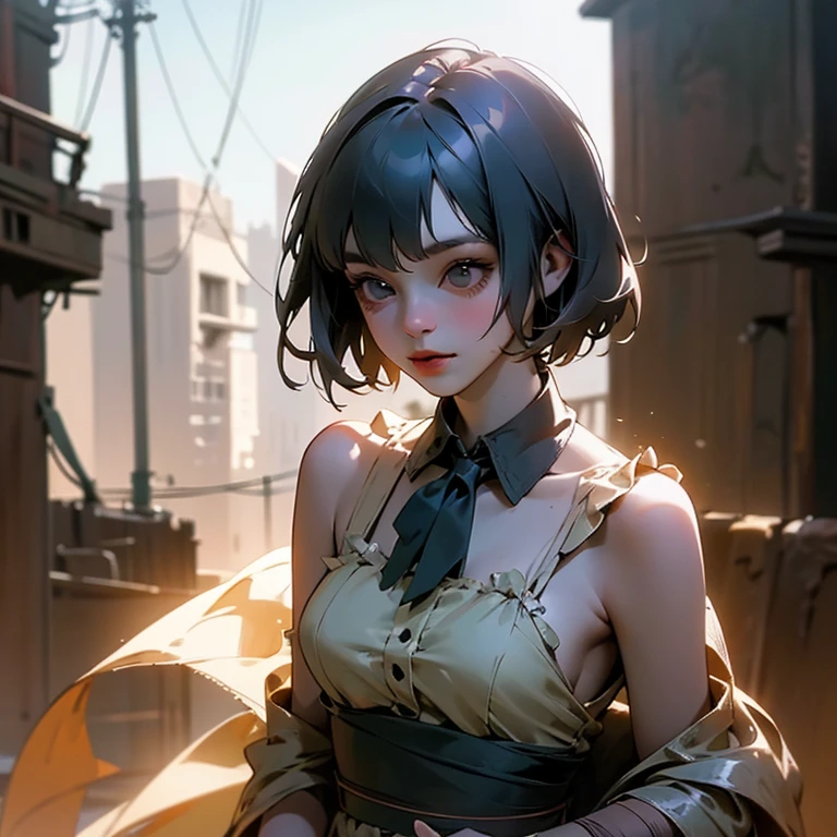 A scavenger girl wearing a long handmade flapper dress in a post apocalyptic world