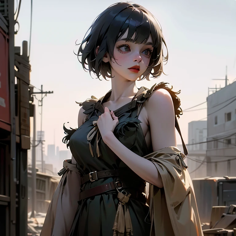 A scavenger girl wearing a long handmade flapper dress in a post apocalyptic world
