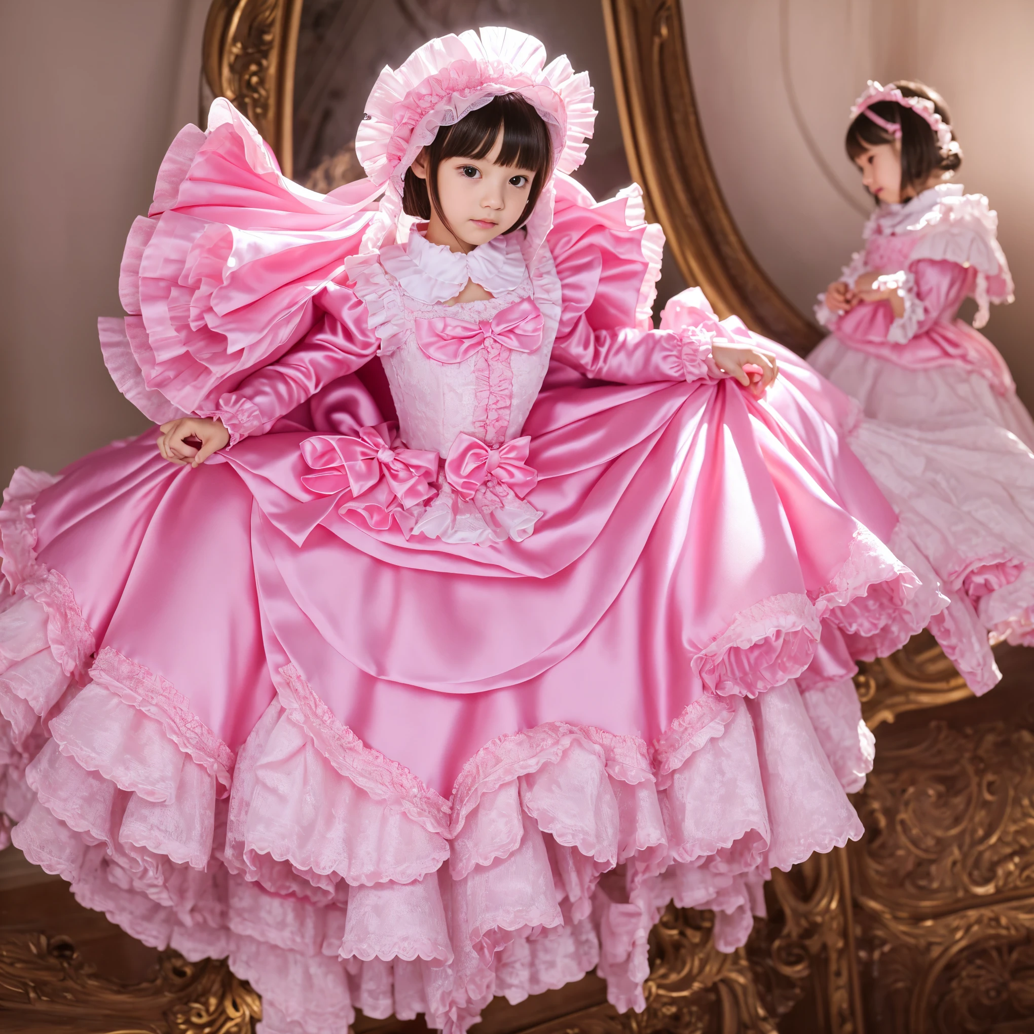 ,highest quality, masterpiece, Highest Resolution, artwork, super それにGet used to it, many Get used to it, Get used to it, それにGet used to it, ,,((-yeld gier detailed baby face,Prin-length ball gown dress with hoop skirt,Frilled yoke collar,Ribbon woven on chest,Puff sleeves,Long sleeve,((Lolita style hot pink detailed princess satin dress、Lots of frills and ribbons。)),crazy'Colorful Fashion,Shiny silk satin dress,Soft and smooth silk satin fabric,luxury,Long blonde hair,blue eyes,White skin European,pajamas,((Inside the palace)),Happy dancing princess,Gorgeous flowing dress,Fine white ruffles and lace,