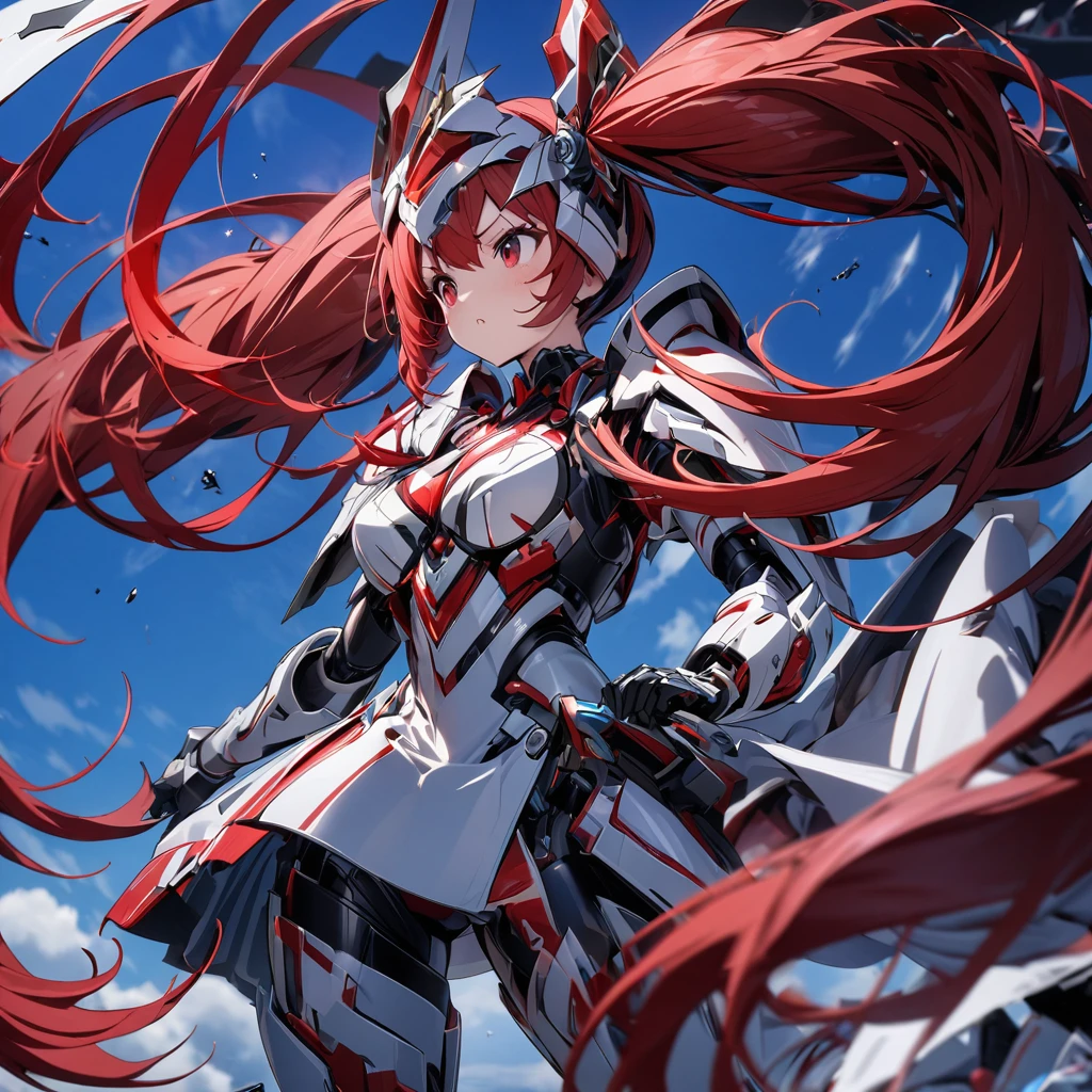 High quality, high definition, hig
h precision images,8k 2Girl Robot Girl、red hair,Twin tails,Red eyes、 ,(red and white clothing Hold it with one hand),,He's wearing flashy robot armor.Holding a red and white long sword,、Blue sky.Flying in the sky,Figure moving at high speed side view,shot from a distance
protector for face and head,show the whole body
