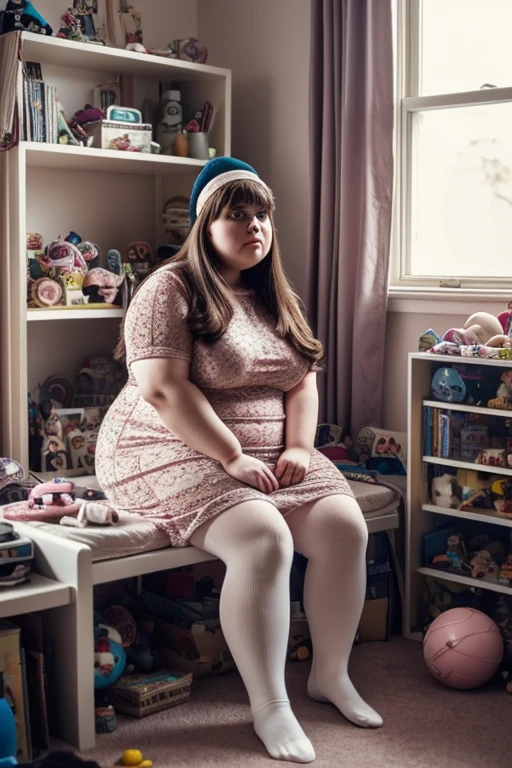 A photo of a nice lonely 30 year woman in a room full of all sorts of toys and other clutter, fat, chubby, obese, giantess, pale skin, unique face, tight clothes, dress, socks, brunette, rose on head, intricate scenery, high detail, color photography, messy yet aesthetically beautiful room, sitting
