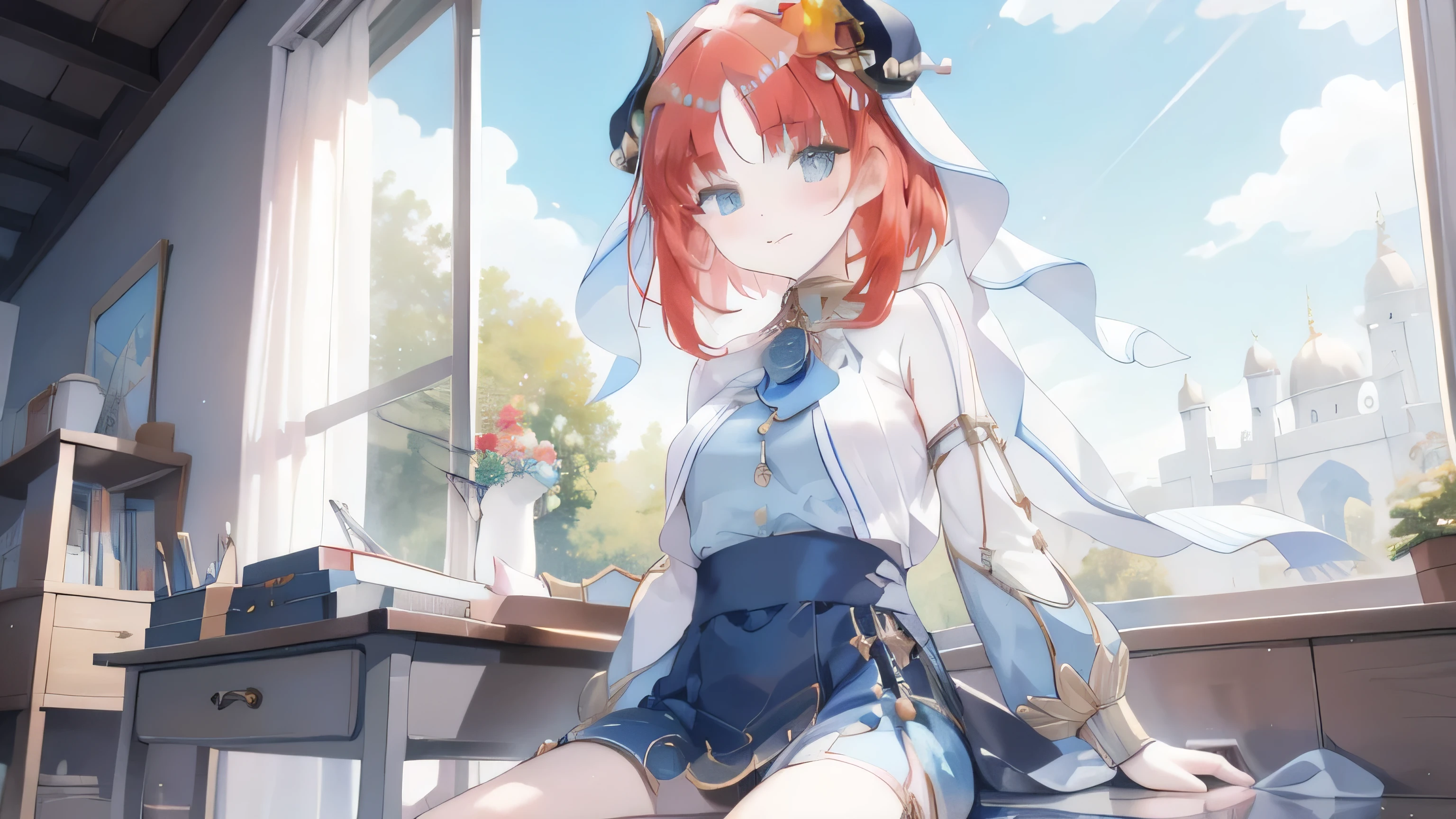 UHD, retina, masterpiece, ccurate, anatomically correct, textured skin, super detail, high details, high quality, award winning, best quality, highres, niloudef, upper body, smile, blush, outdoors, day, simple background, blue sky, short hair, sky, temple, looking at viewer, stairs, moody lighting, facing viewer, uniform, playful, teasing, happy, Sitting at a desk in a high school class and looking out the window, peaceful and modern background, high school student