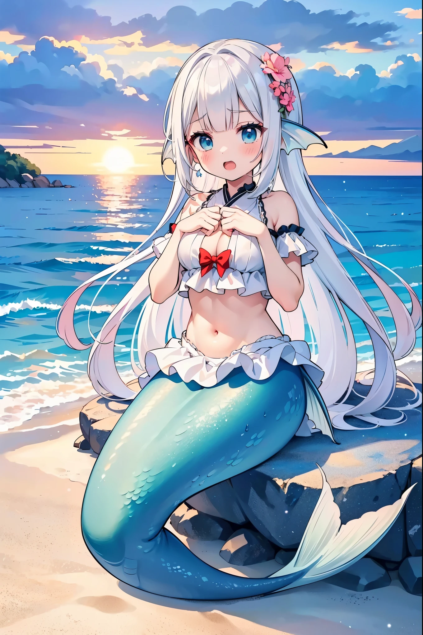 masterpiece, best quality,(Full fingers),A girl,Lolita,Large Breasts,Mermaid,蓝色Mermaid尾巴,full-body shot,beach,Sea view,sit on the beach,Open your mouth and sing,charming脸(Kawaii, charming,Soft)