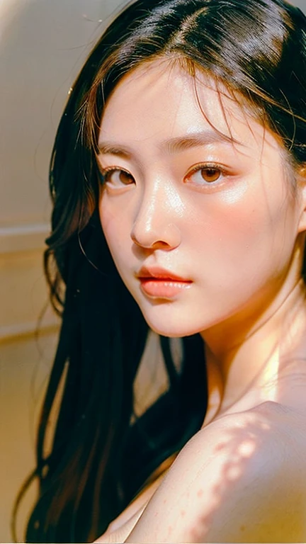 {top-quality}, {{​masterpiece}}, {extremely delicate and beautiful},Outstanding light and shadow, highly detailed,Clear and bright sunlight,1girl in,naked portrait 、gaze looking beyond,red blush,Strong sunshine,delicate and messy hair,realistic skin textures, Pronounced pores and skin wrinkles,tropical beach,((strong light shines on the face)), half body shot, naked portrait, nude photography, detailed armpit, pussy pubic hair, shiny nipple 