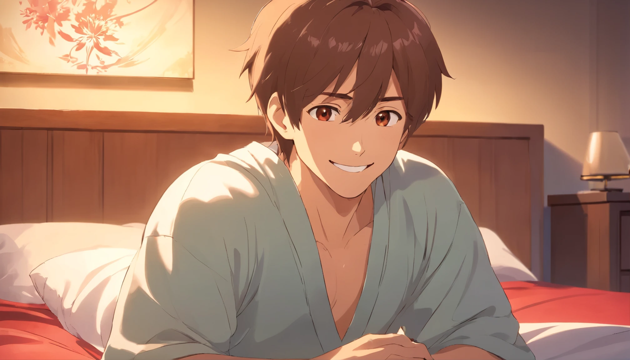 40 years old, Adult, male, A big smile, Stylish nightwear, Light brown hair, Brown eyes,bed、night、cheeks are bright red、