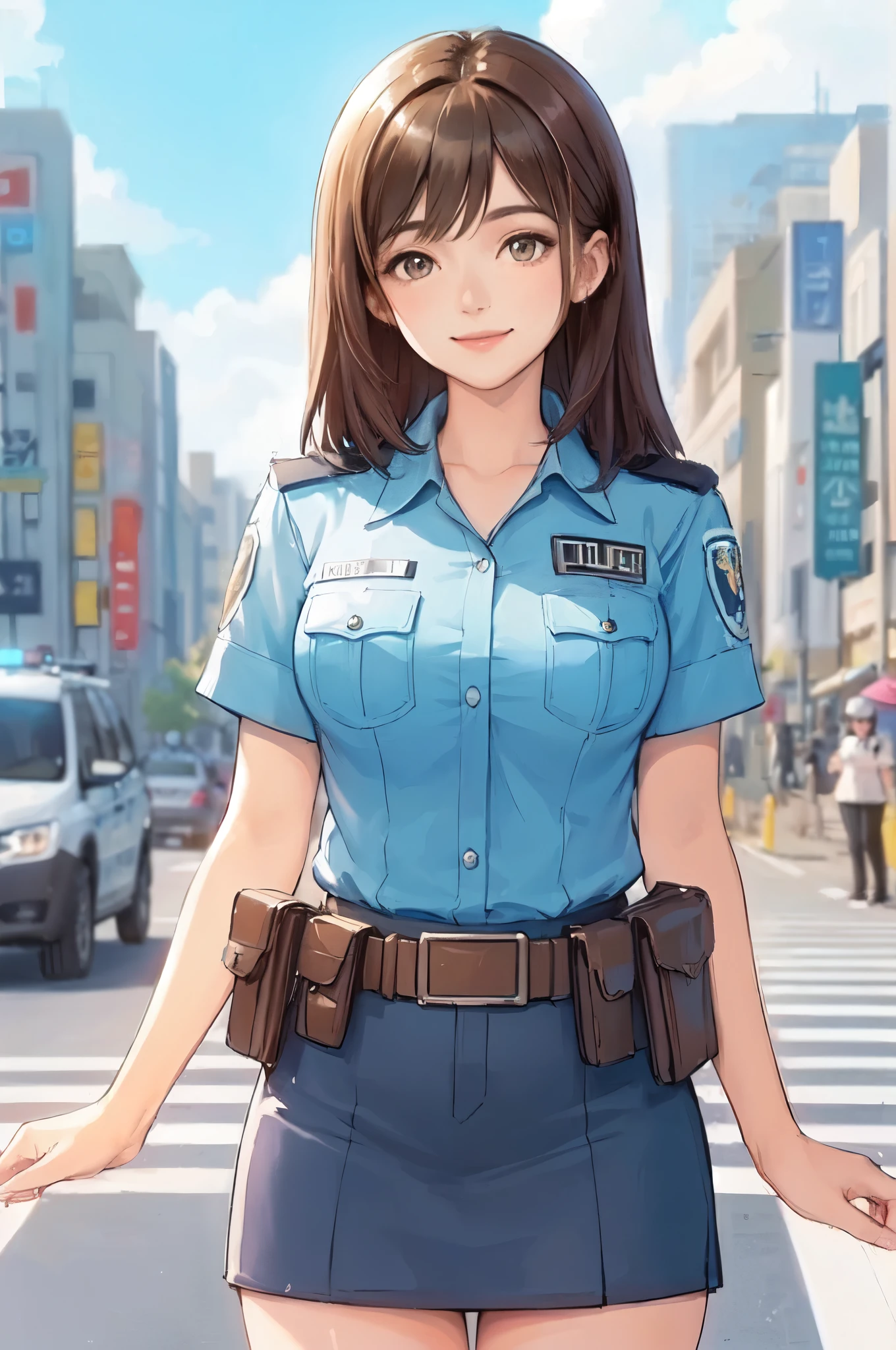1lady standing, (directing traffic), (female police) (traffic officer), female, /(light brown hair/) bangs, kind smile, (masterpiece best quality:1.2) delicate illustration ultra-detailed, large breast (ordinary public road) outdoors, noon, police car, car, detailed background