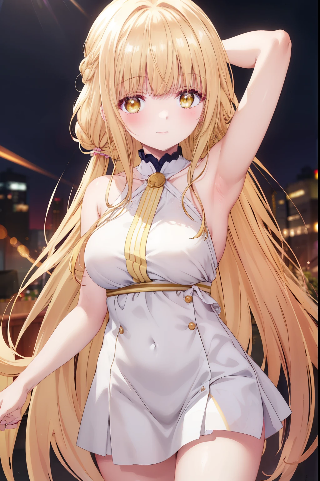 Mahiru shiina, , blonde, (Yellow Eyes:1.3)、Braided long hair,,blush,smile,Daytime、Captivating thighs、Beautiful bare legs, Sidehowing armpits、Shoulder Bare、The clavicle is visible、Armpit Show、Sideboobが見える、Shoulder Bare、very cute
(masterpiece:1.2), highest quality, High resolution, unity 8k wallpaper, (shape:0.8), (Beautiful and beautiful eyes:1.6), Highly detailed face, Perfect lighting, Highly detailed CG, (Perfect hands, Perfect Anatomy),