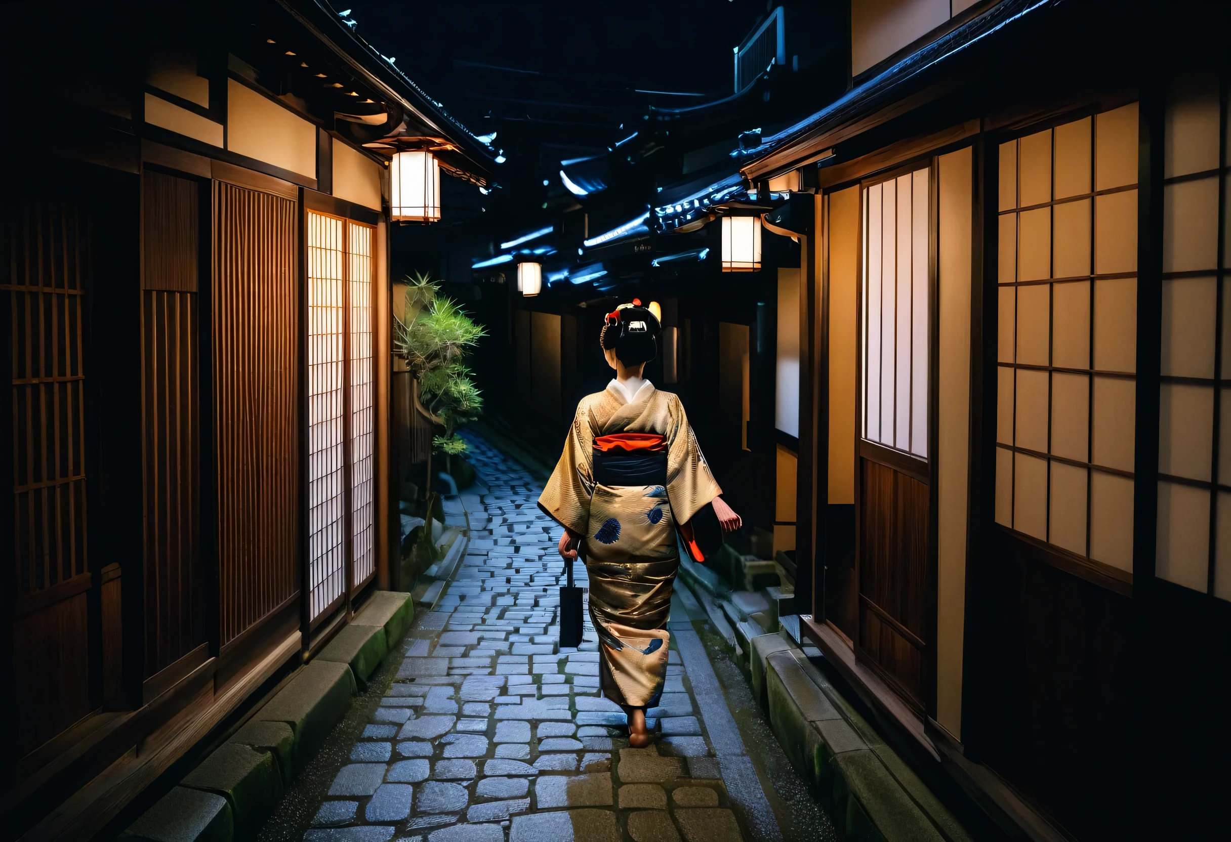 Back view of a geisha walking down a cobblestone street in Kyoto。The night veil quietly envelopes the city.、The light coming through the wooden lattice windows of an old townhouse、Reflected softly in her lustrous kimono。The rich colors and patterns of the overlapping kimonos、A delicate shadow falls on each of her actions.、The delicate hair ornament sways lightly.。Her little feet、Quietly and elegantly、Gradually moving away、In harmony with the surrounding old architecture、It vividly captures the atmosphere of Kyoto at night.。