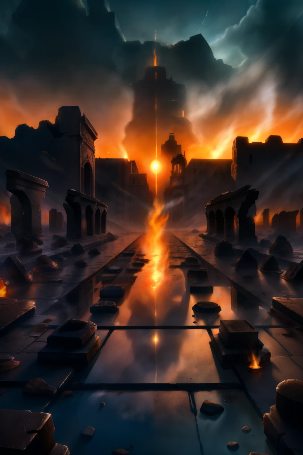 A breath-taking, ultra-detailed, 8k HD picture of a city in flames, devoid of any characters. The ruins of buildings, once grand and majestic, now engulfed in an orange inferno, their remnants casting long, ominous shadows. Ashes and debris scatter the ground, while the smoke rises, thick and gray, against a backdrop of a fiery, apocalyptic sun. The air is thick with the acrid smell of burnt wood and metal, and the ground trembles with every crack and explosion. The intricate details of the stones, the texture of the melted glass, and the fiery reflections in the still pools of