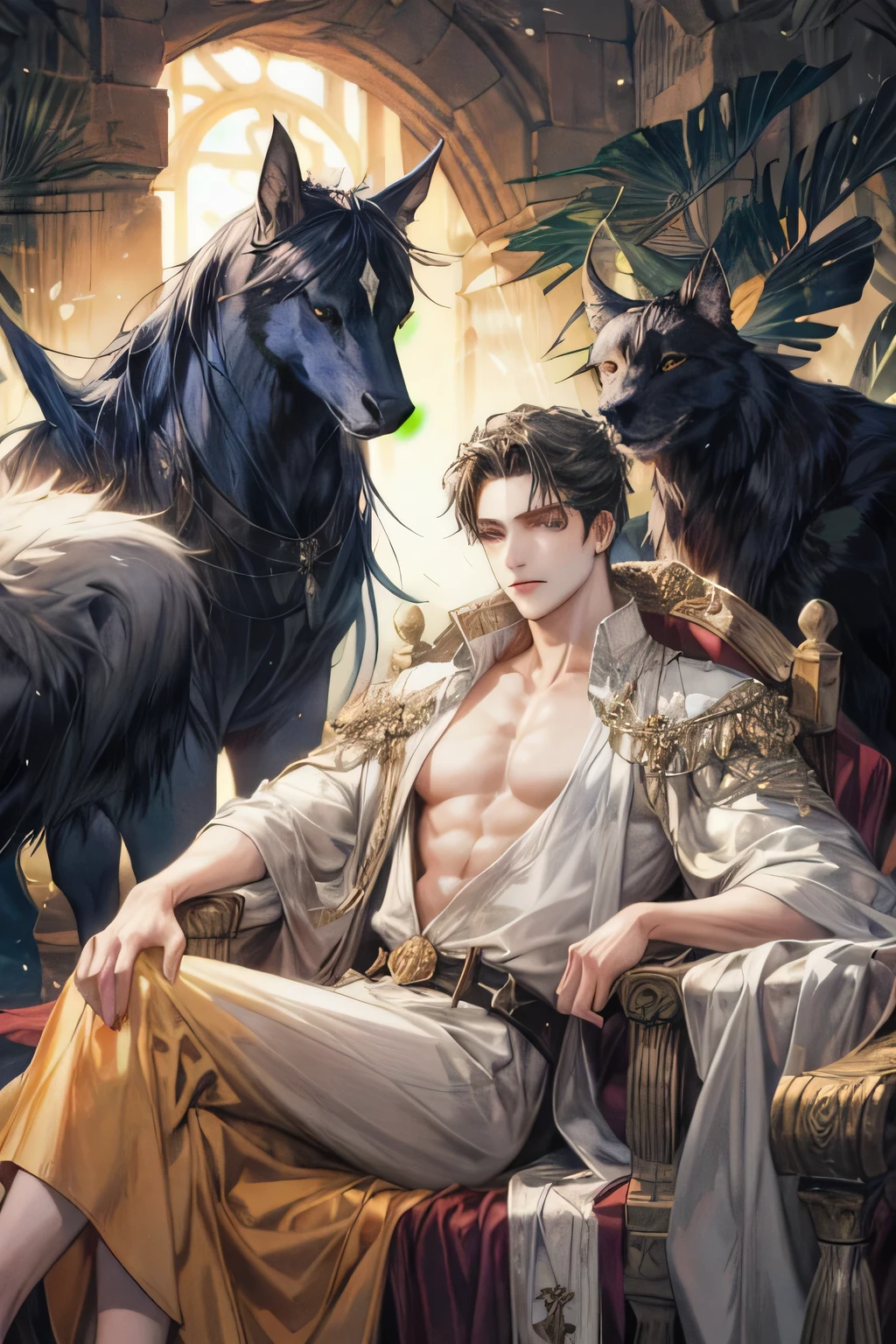 a young man, kingdom of roman, sitting on a throne , long hair, hades, anime, 4k,best quality