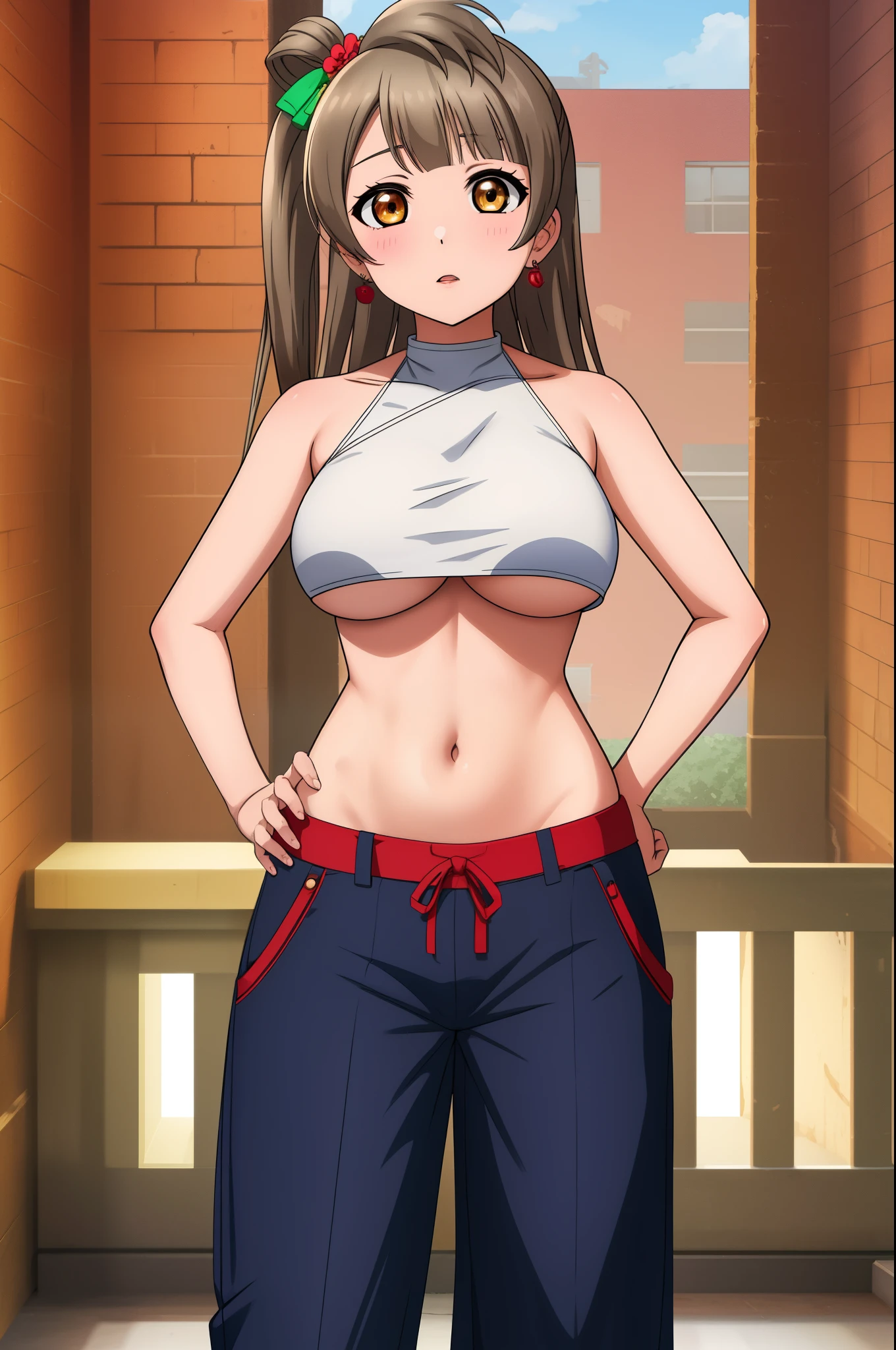Masterpiece, best quality, solo ,big breasts, minami kotori, crop top, halter neck, underboobs,red oversize harem pants,earrings , standing,cowboy shot, exposed crotch,bare hips