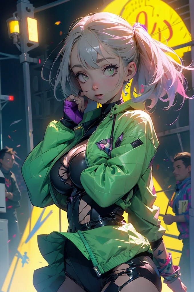 A cute woman is cosplaying DC villain 'Killer croc', cute revealing outfit, making an intimidating pose for a crowd at a convention