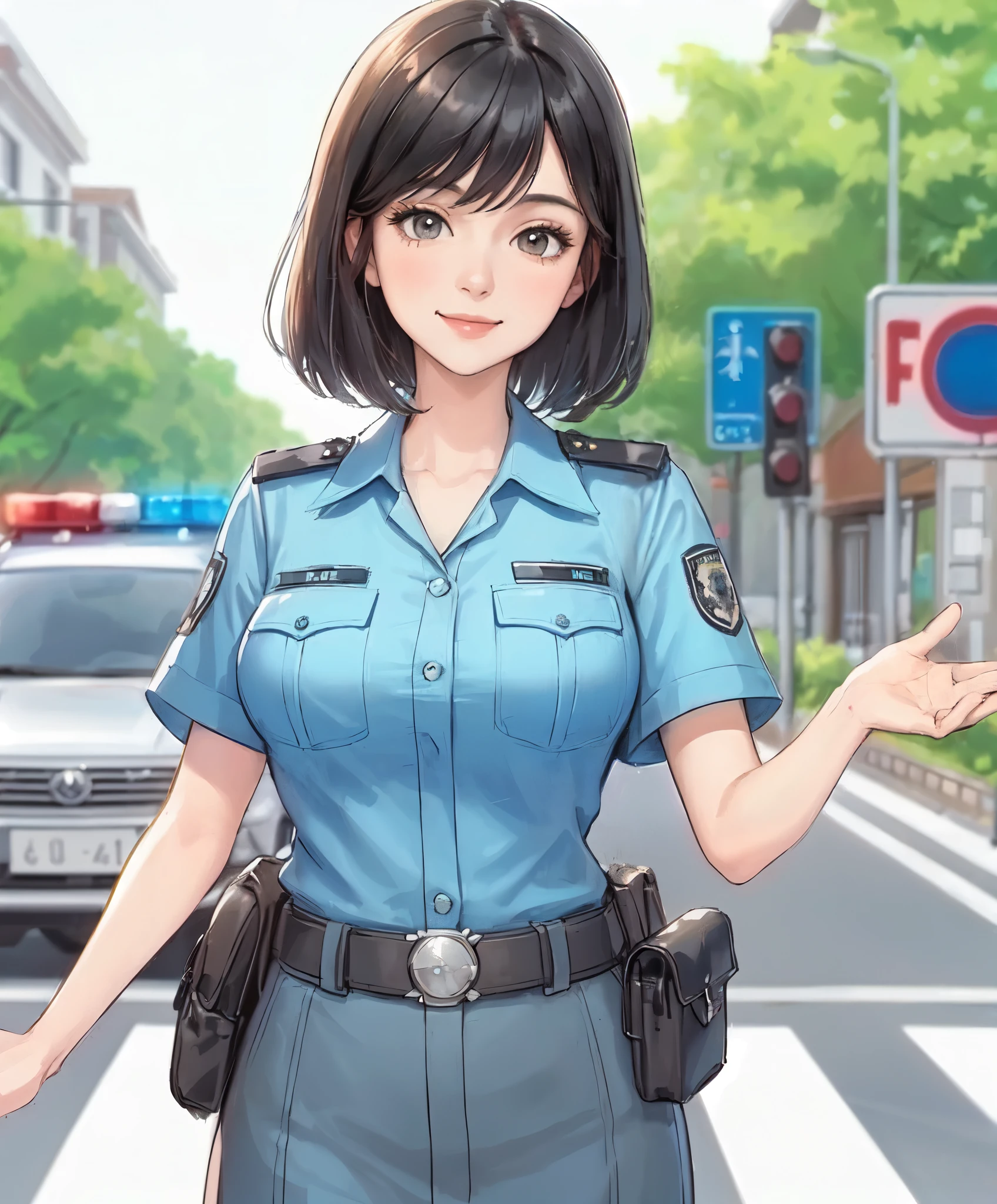 1lady standing, (directing traffic), (female police) (traffic officer), mature female, /(black hair/) bangs, kind smile, (masterpiece best quality:1.2) delicate illustration ultra-detailed, large breasts BREAK (ordinary public road) outdoors, noon, police car, car, detailed background