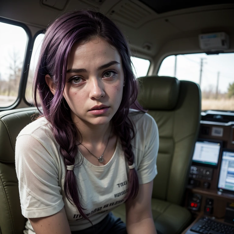 Girl wears open combenison, Chernobyl exclusion zone, S.T.A.L.K.E.R, purple hair, green eyes, scar above her left eyebrow, unarmed, scared.
