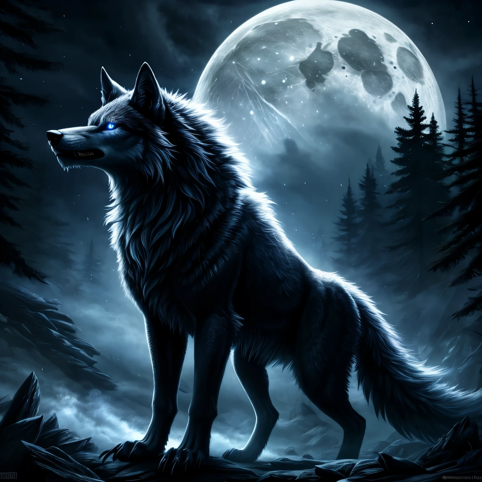 best quality,4k,8k,highres,masterpiece:1.2,ultra-detailed,realistic,furry wolf,epic forest,moonlit night,ferocious growling,sharp claws,dense fur,glowing eyes,majestic howling,wild nature,ominous atmosphere,detailed fur texture,mythical creature,creature of the night,mysterious and powerful,ethereal presence,dark shadows,intense gaze,piercing eyes,silver moonlight,menacing silhouette,haunting beauty,untamed spirit,lone wolf,endless wilderness,ancient forest,enchanted realm,mystical aura,ancient wisdom,wisdom of the wild,quiet and mysterious,calm yet fierce,graceful movements,vivid colors,unforgettable scenery