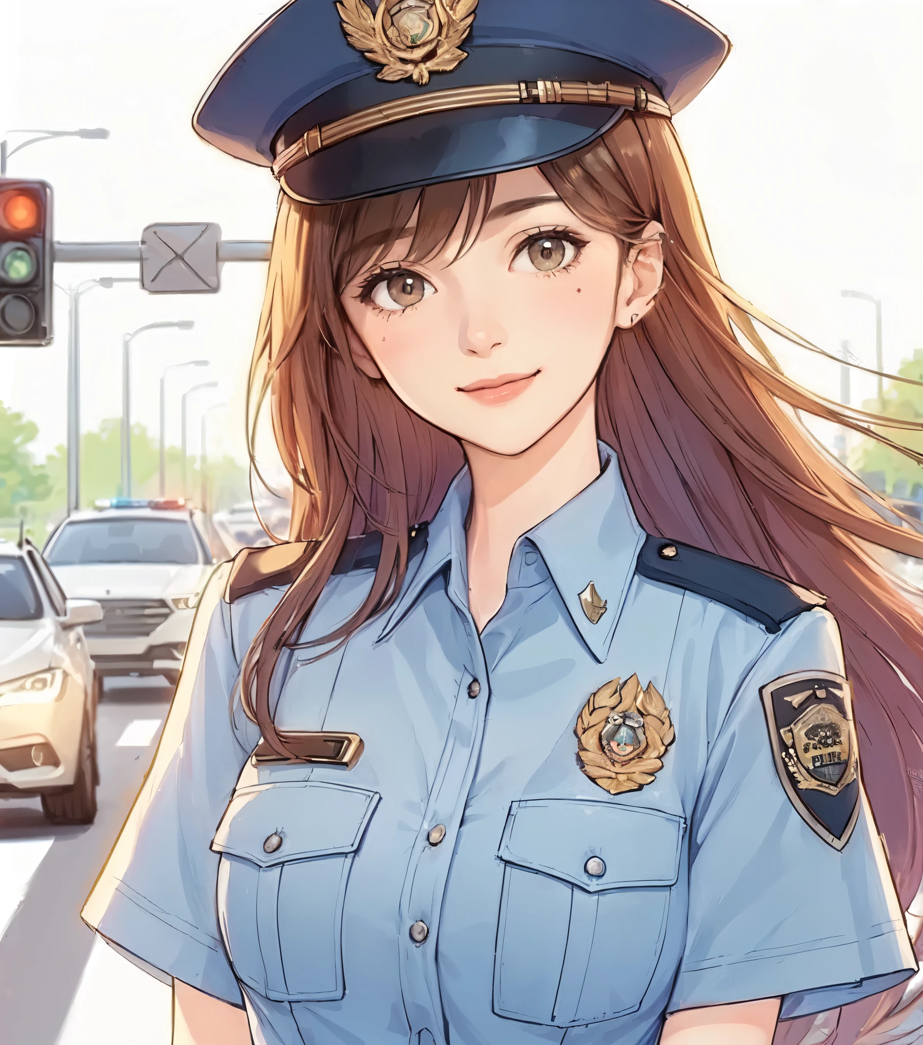 1lady standing, (directing traffic), (female police) (traffic officer), mature female, /(light brown hair/) bangs, kind smile, (masterpiece best quality:1.2) delicate illustration ultra-detailed, large breasts BREAK (ordinary public road) outdoors, noon, police car, car, detailed background