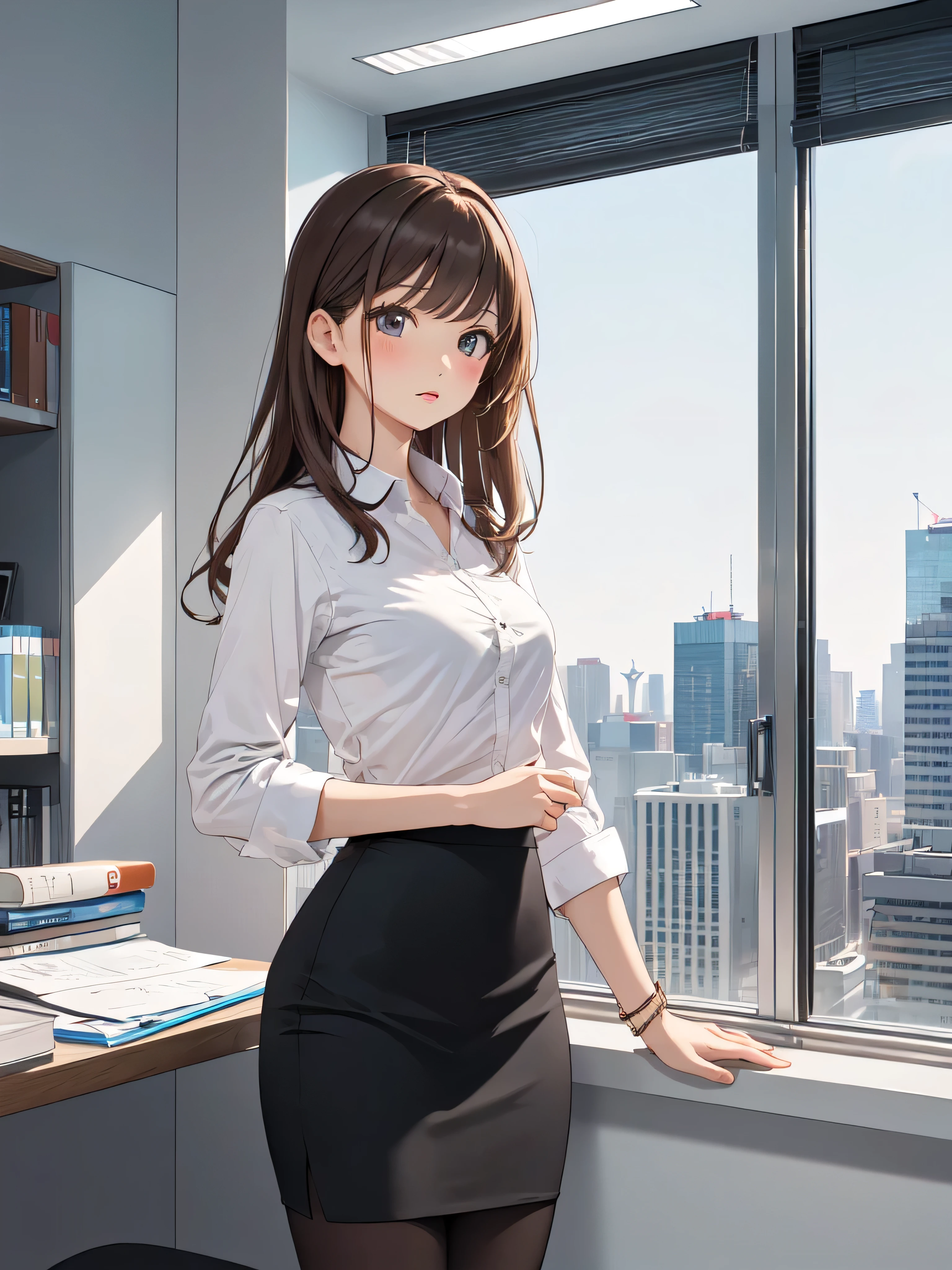 1 Woman Standing, /(casual shirt/) (Black pencil skirt:1.1) /(ID card strap/), Adult, /(Brown Hair/), /(No sleeve/), Small breasts,bangs, Moaning, Lips parted, blush, (Masterpiece of the highest quality:1.2) Exquisitely illustrated and highly detailed BREAK /(Modern office interior/), Windows Skyscraper
